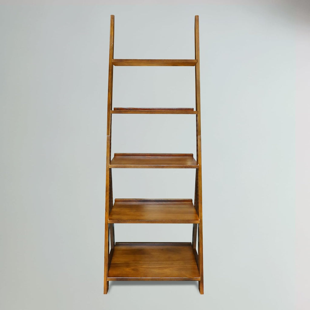 Amber Solid Wood 5-Shelf Freestanding A-Frame Ladder Bookcase, Warm Brown