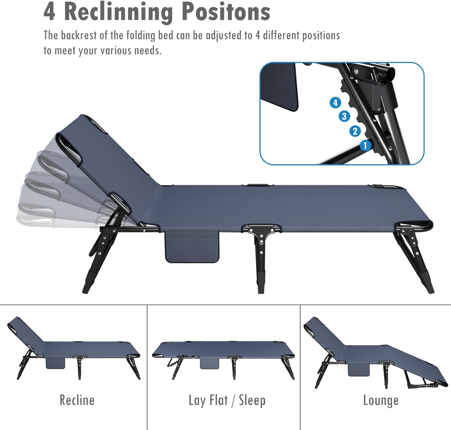 ATORPOK Folding Camping Cot for Adults with Padded Mattress and Pillow, Adjustable Reclining Lounger Sleeping Cot Bed, Ideal for Camping, Travel, Garden, or Office Use, Blue