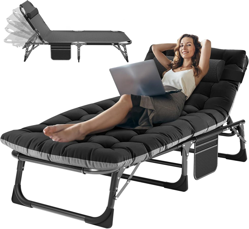 3-in-1 Padded Folding Lounge Chair, 440LB Adjustable Recliner Guest Bed for Patio Camping Office