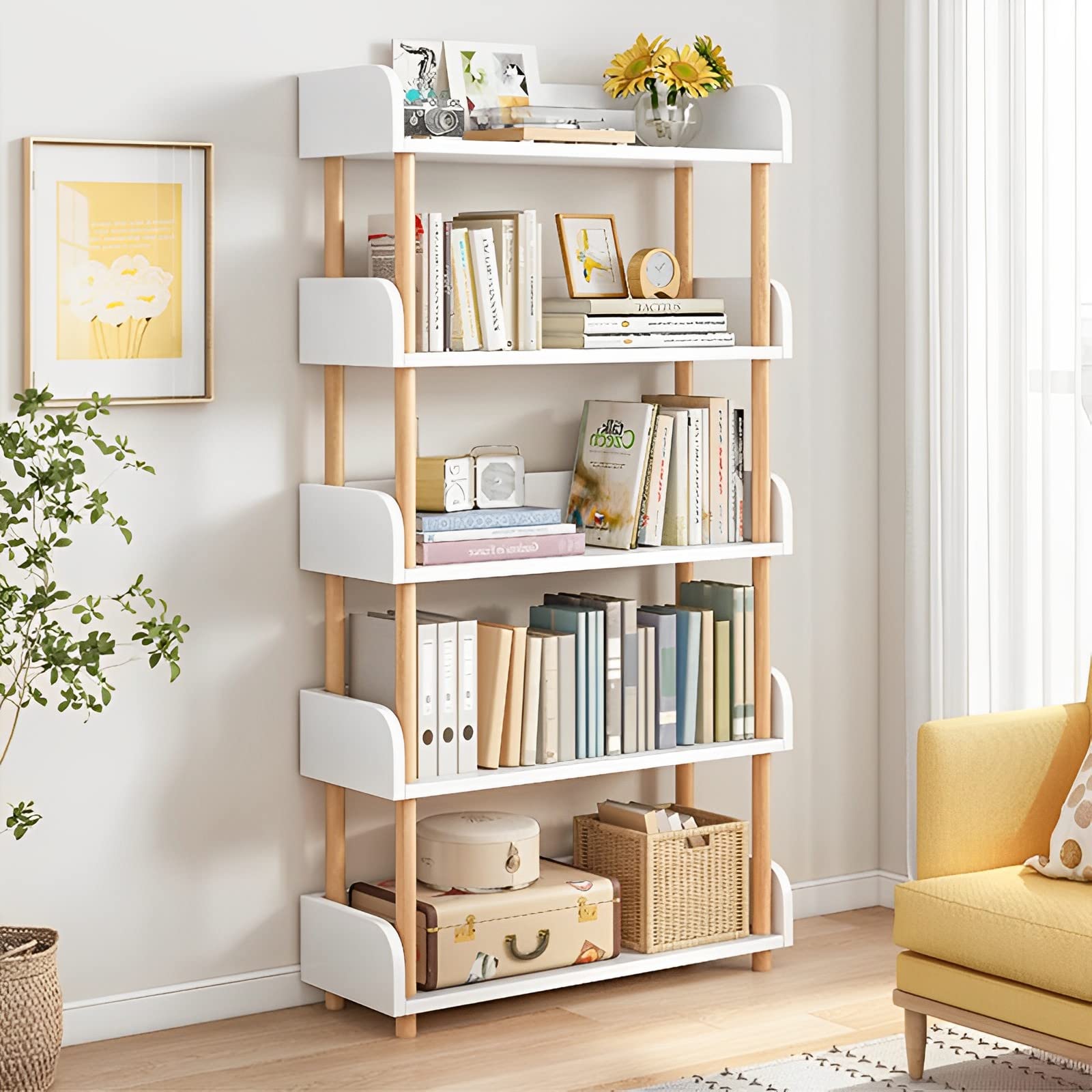 OSCHF 4-Tier Wooden Open Bookcase - Modern Display Bookshelf with Top Edge and Solid Wood Frame for Home and Office, Storage Cabinet, Oak