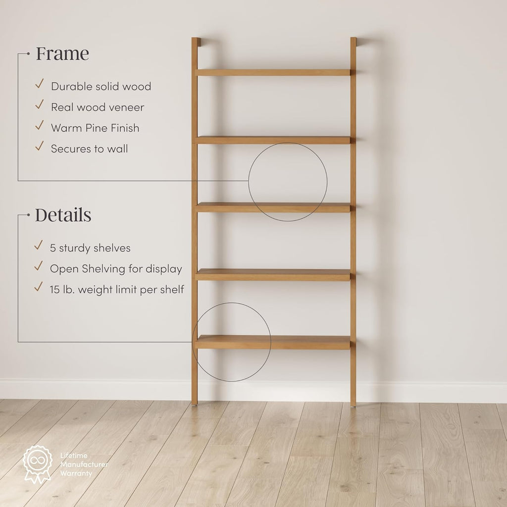 5-Tier Warm Pine Solid Wood Wall Mounted Bohemian Bookshelf