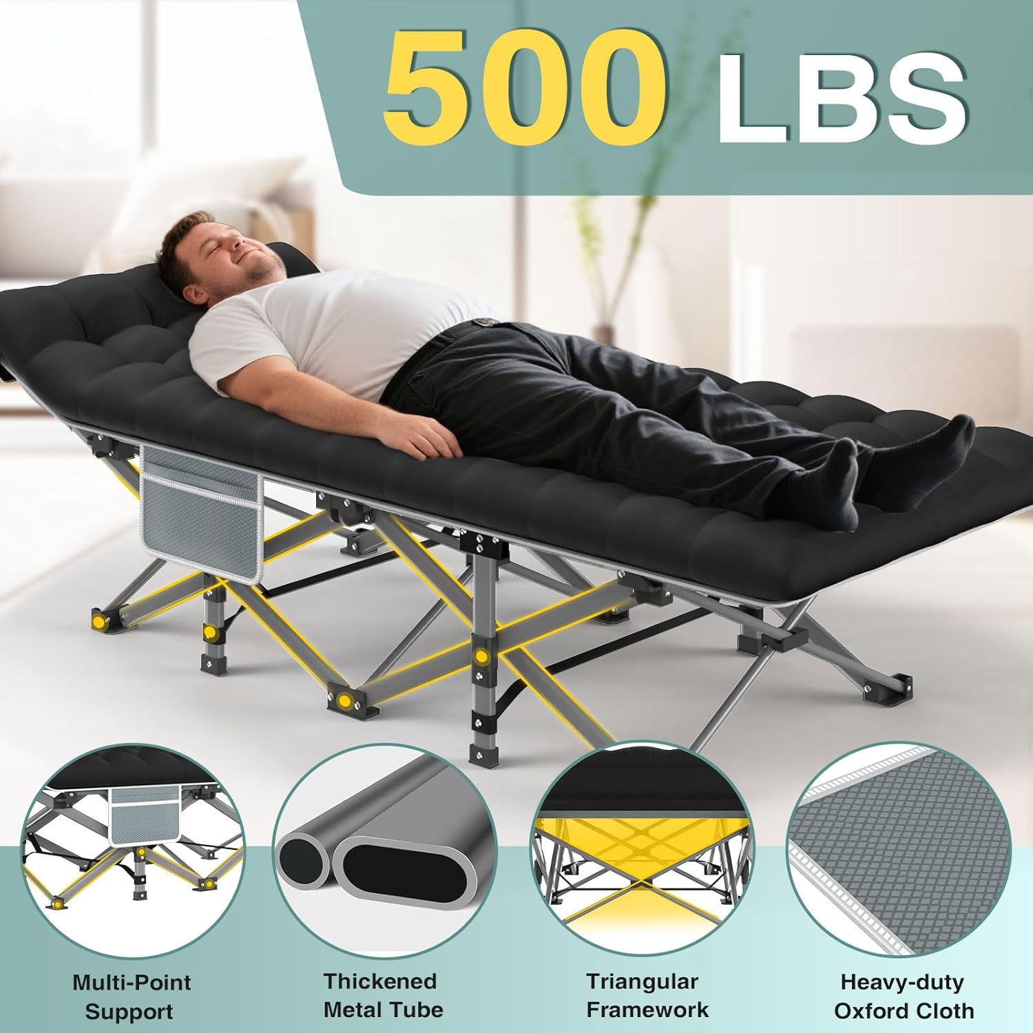 ZENPETIO Camping Cot for Adults, Heavy-Duty Portable Cot Bed with Mattress, Foldable Padded Sleeping Cots for Camping Travel Tent Day Bed Outdoor & Home Guest, Max Load 500 LBS, 75x28x15”
