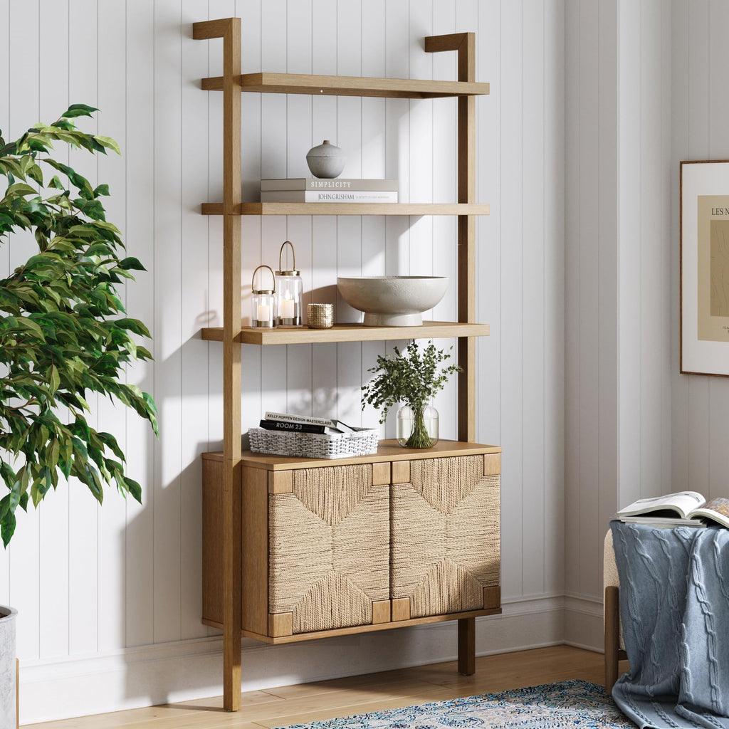 5-Tier Warm Pine Solid Wood Wall Mounted Bohemian Bookshelf