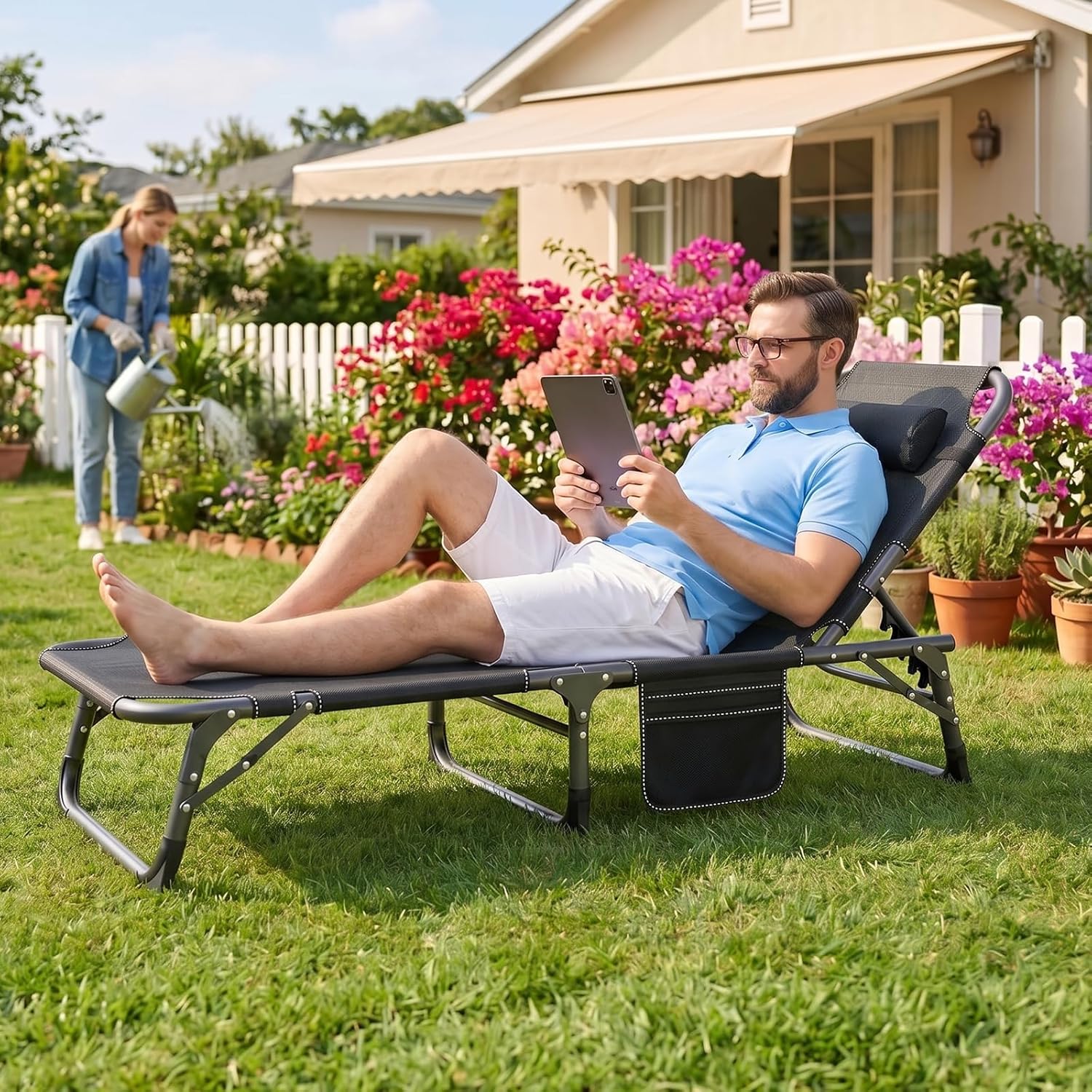 3-in-1 Padded Folding Lounge Chair, 440LB Adjustable Recliner Guest Bed for Patio Camping Office